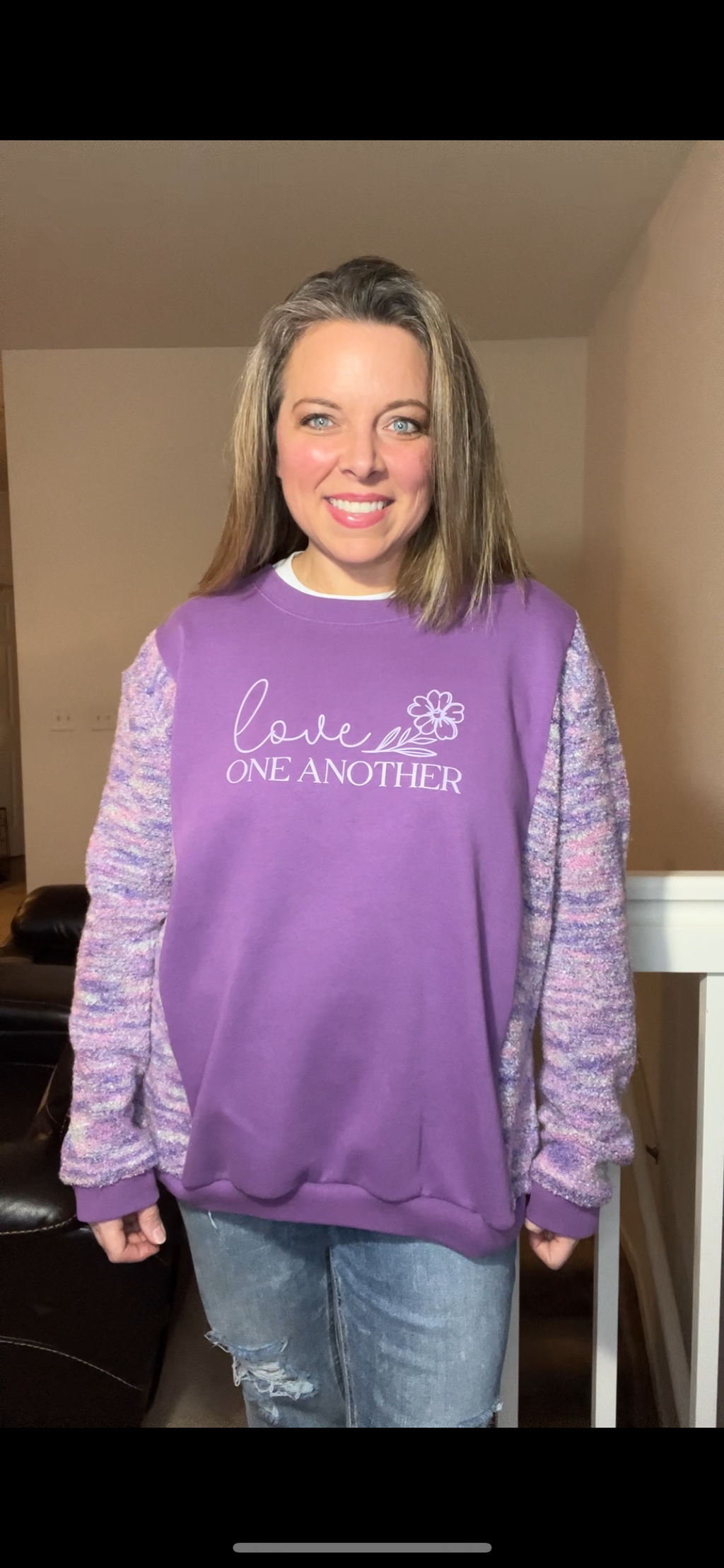 Upcycled Purple Love - women’s L/XL – midweight sweatshirt with soft stretch sweater sleeves￼