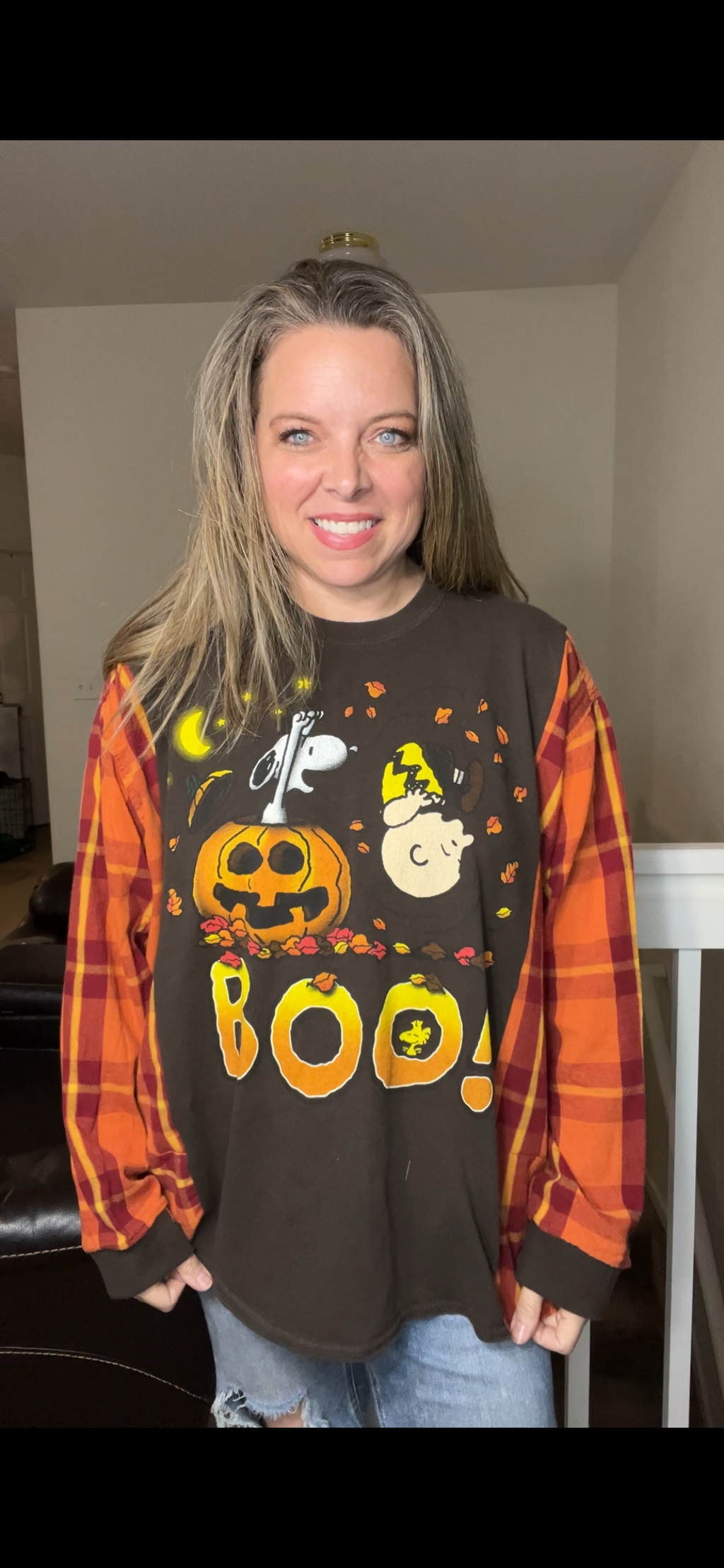 Upcycled ￼￼Boo snoopy - Women’s 2X T-shirt with flannel sleeves