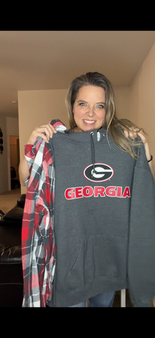Upcycled Bulldogs - pick size between woman's XS-4X - midweight Sweatshirt with flannel sleeves