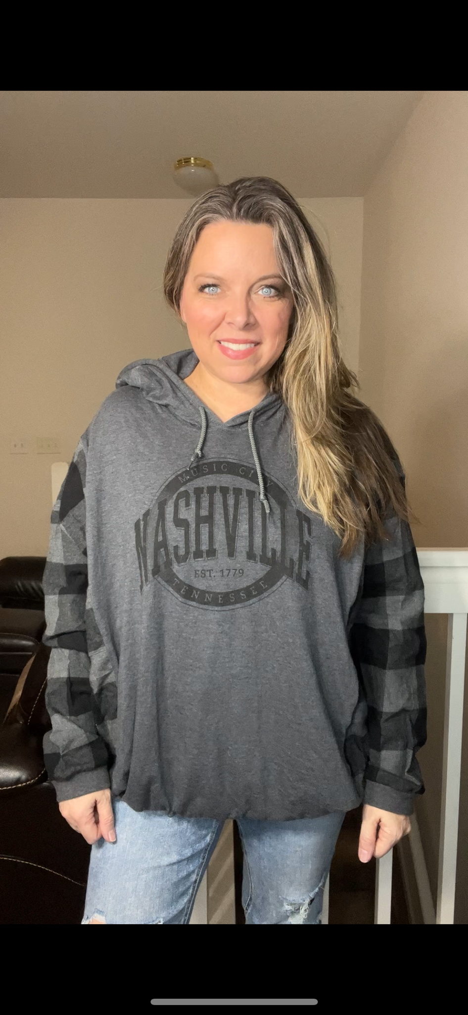 Upcycled Nashville – women’s 2X T-shirt with flannel sleeves – sleeves slightly more narrow