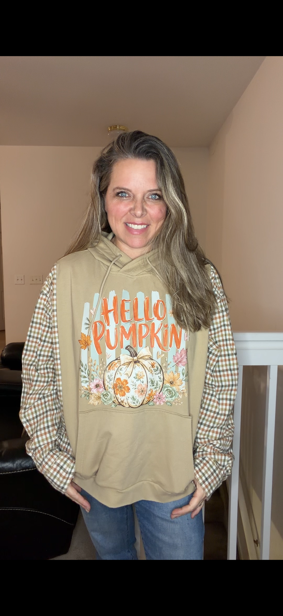Upcycled Hello Pumpkin - women's medium/large French Terry sweatshirt with flannel sleeves ￼