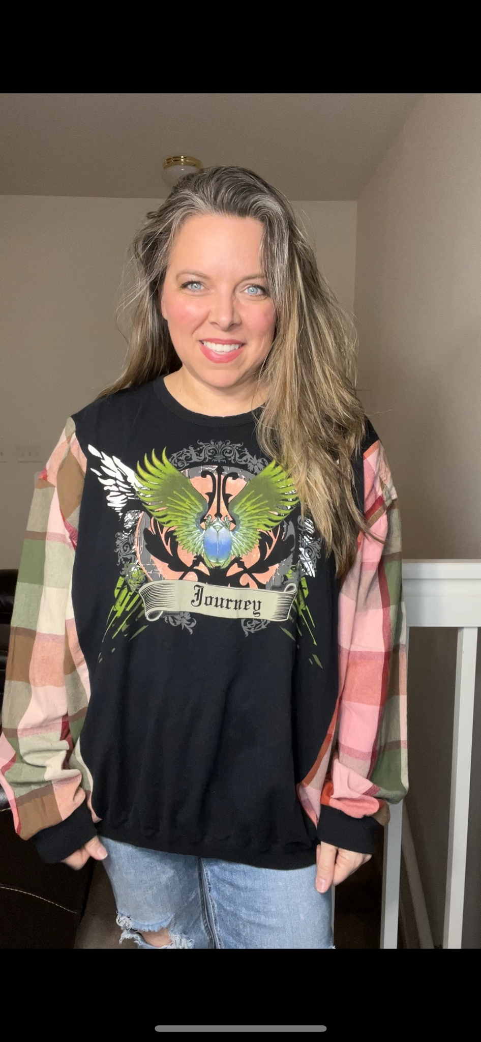 Upcycled Journey – women’s 2X T-shirt with flannel sleeves
