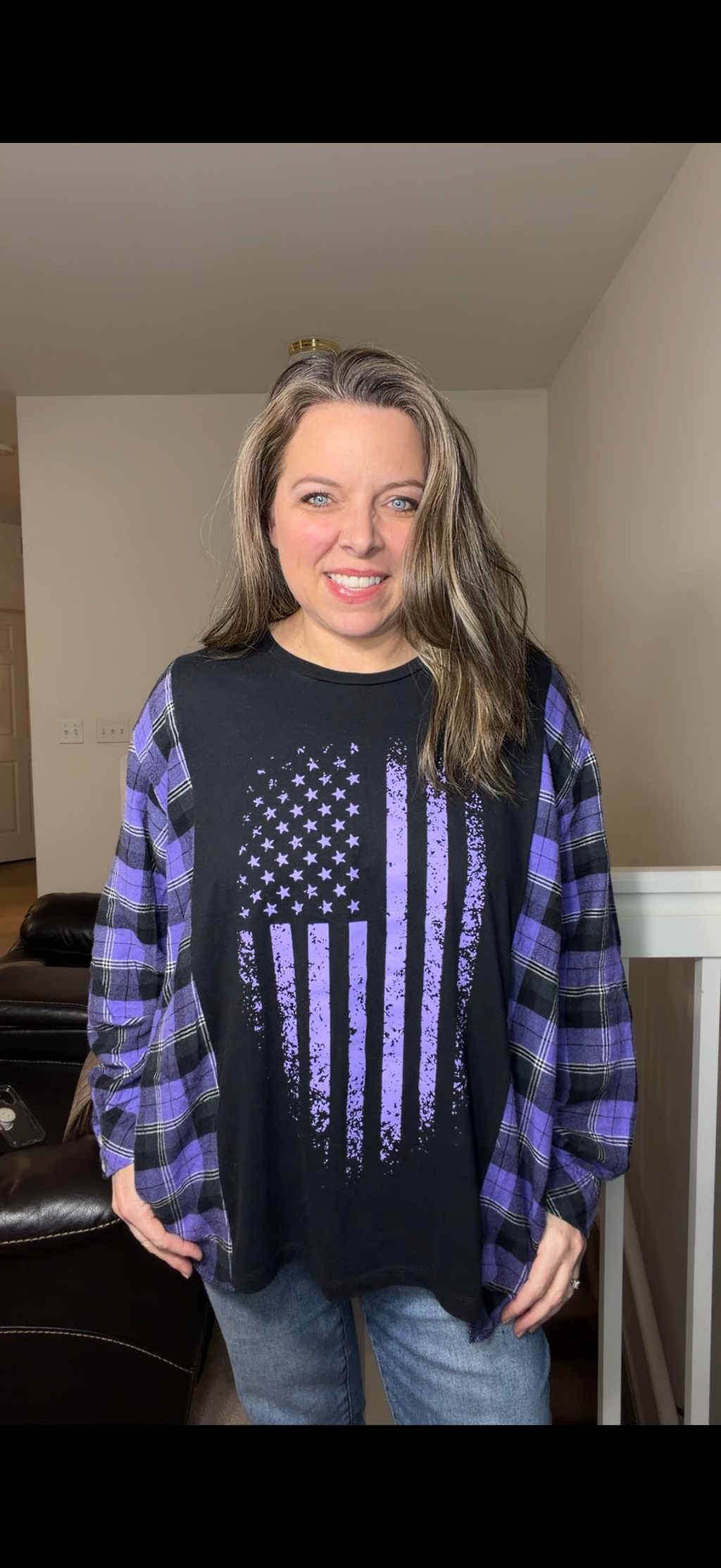 Upcycled Flag - women's one X/2X T-shirt with flannel sleeves