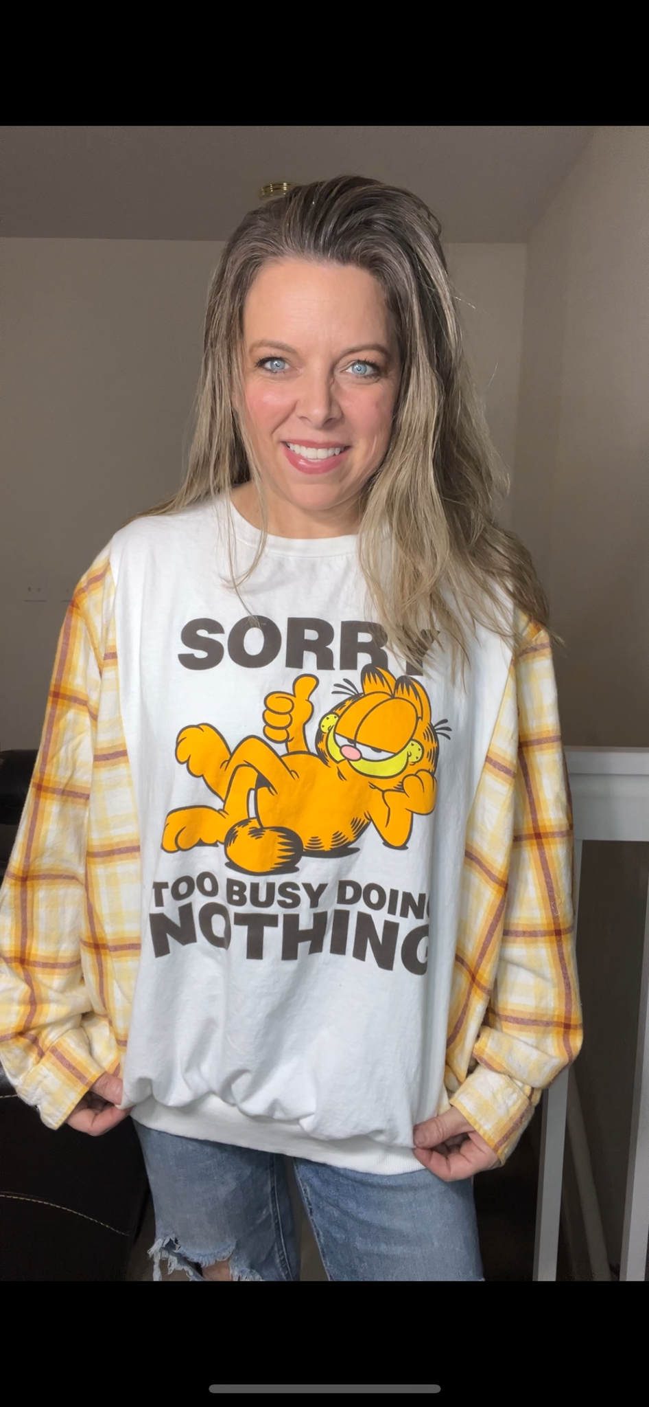 Upcycled Garfield – women’s 2X T-shirt with flannel sleeves