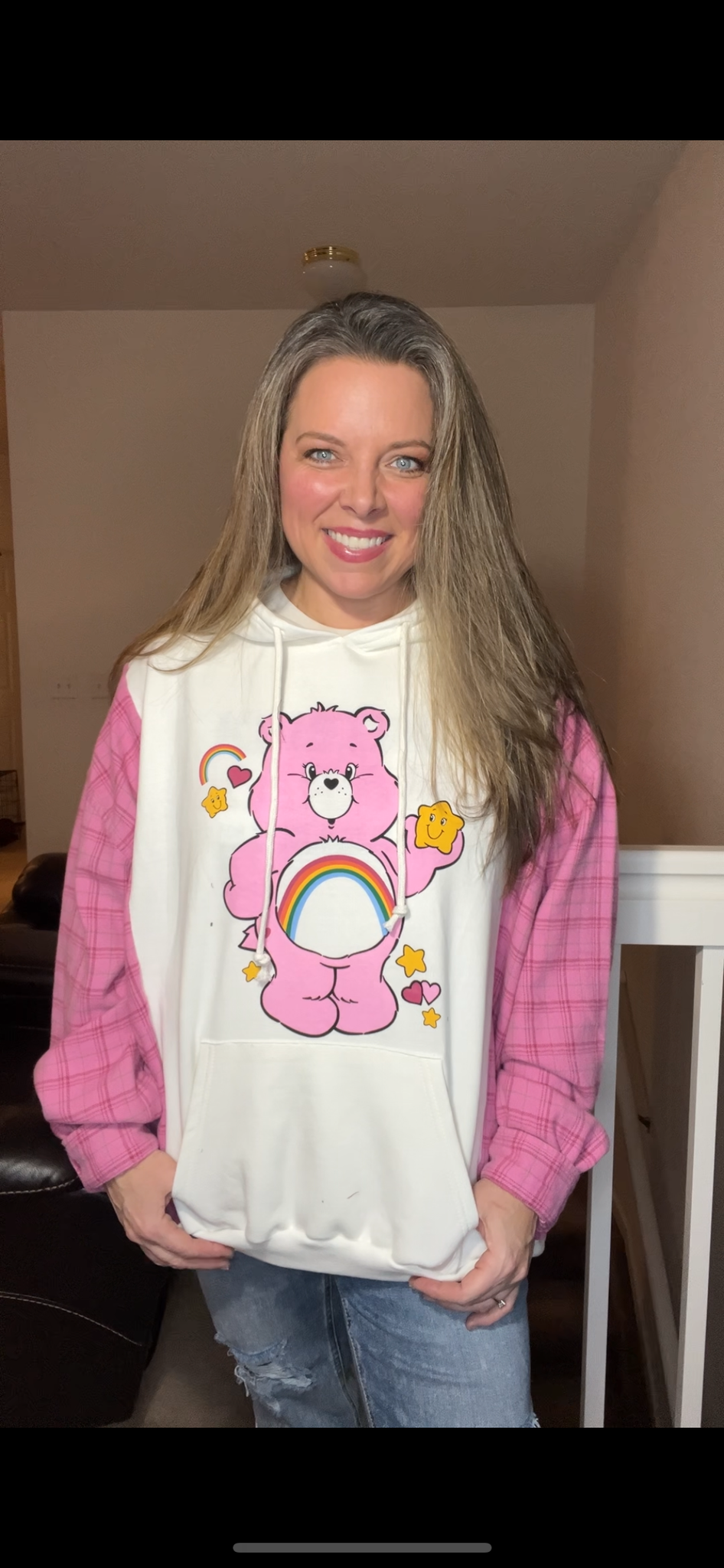 Upcycled Carebear – women’s XL/1X – midweight sweatshirt with flannel sleeves￼