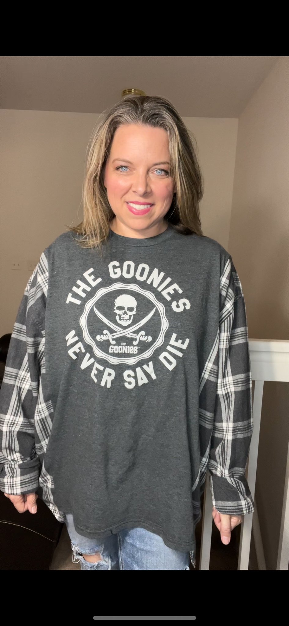 Upcycled Goonies - Women’s 3X – T-shirt with flannel sleeves