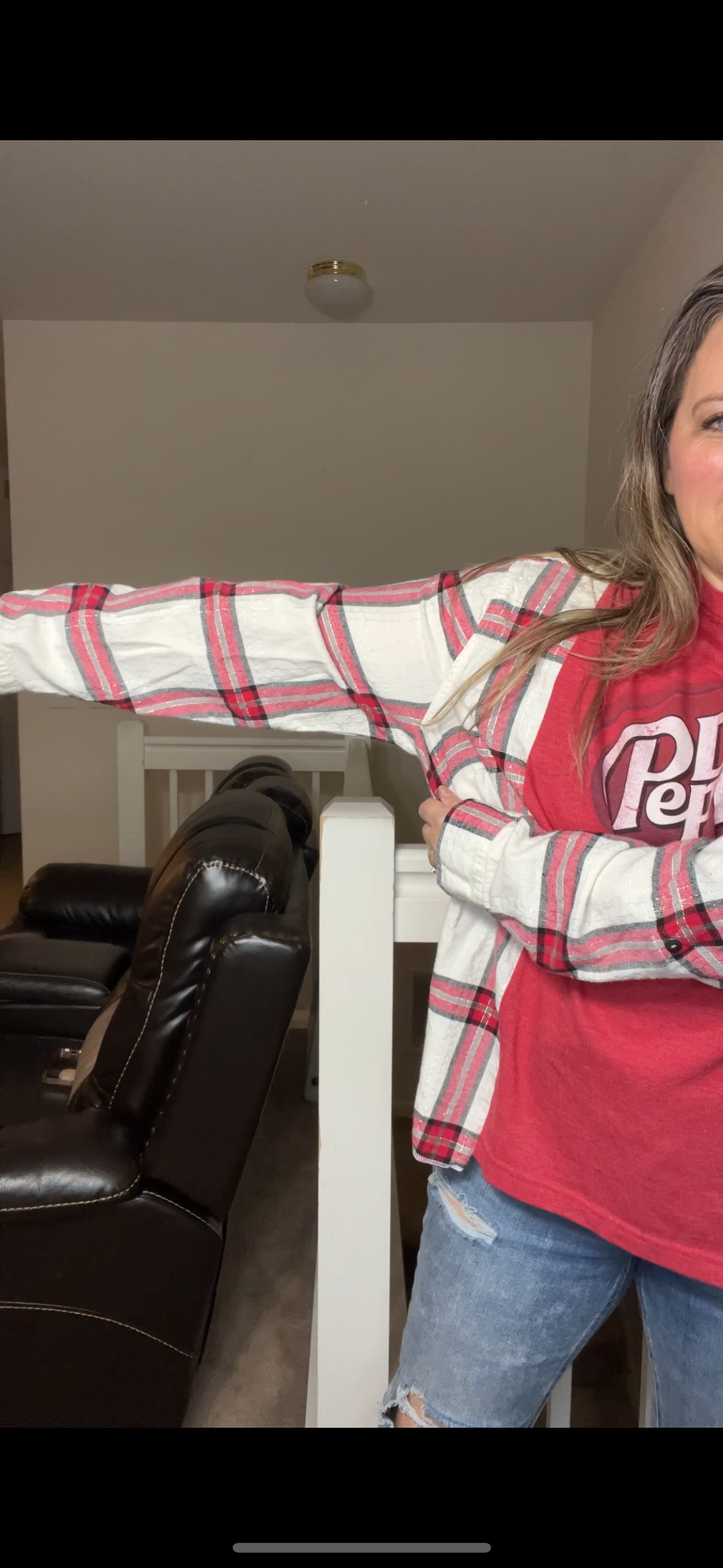 Upcycled Dr Pepper – women’s 1X/2X T-shirt with flannel sleeves – sleeves more narrow