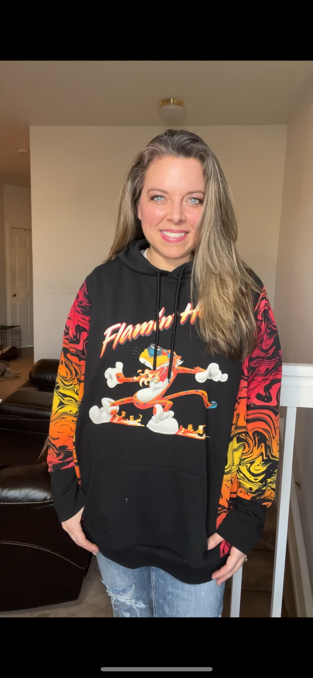 Upcycled Flaming Hot – women’s 1X/2X – midweight sweatshirt with stretch jersey sleeves ￼