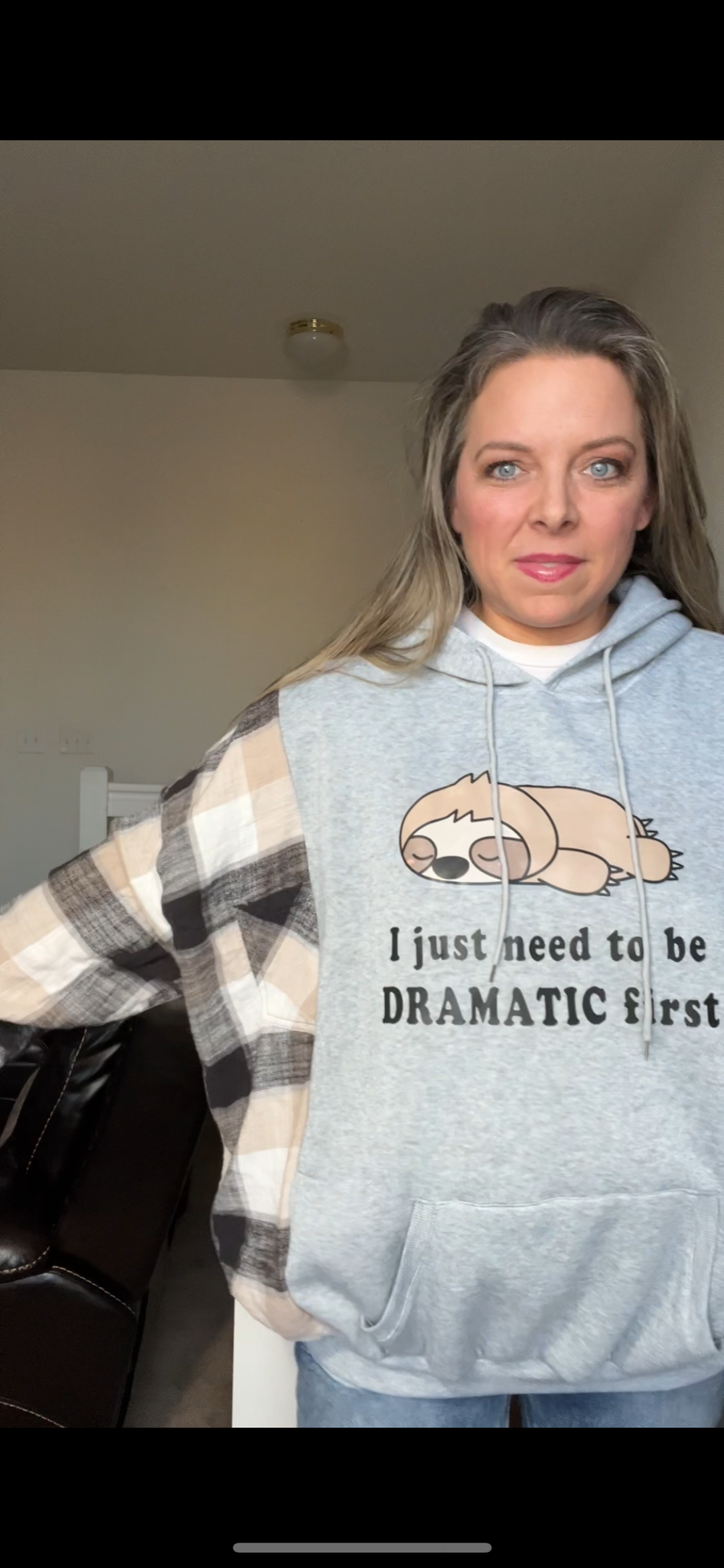 Upcycled Sloth – women’s 1X/2X – Midweight sweatshirt with flannel sleeves￼