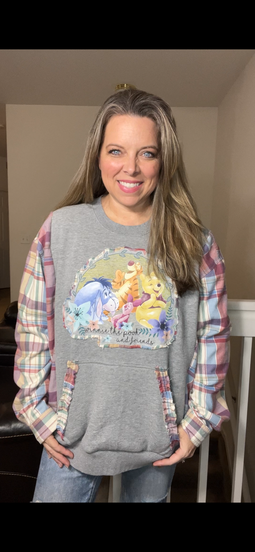 Upcycled Pooh Friends – women’s 2X midweight sweatshirt with flannel sleeves￼