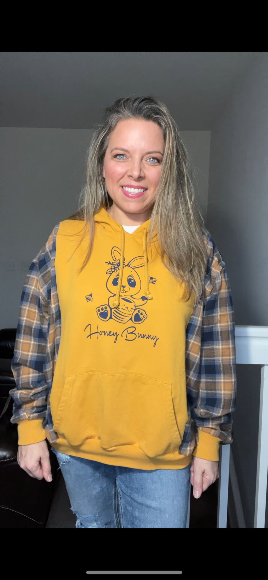 Upcycled Honey Bunny Yellow – women’s large – midweight sweatshirt with flannel sleeves￼