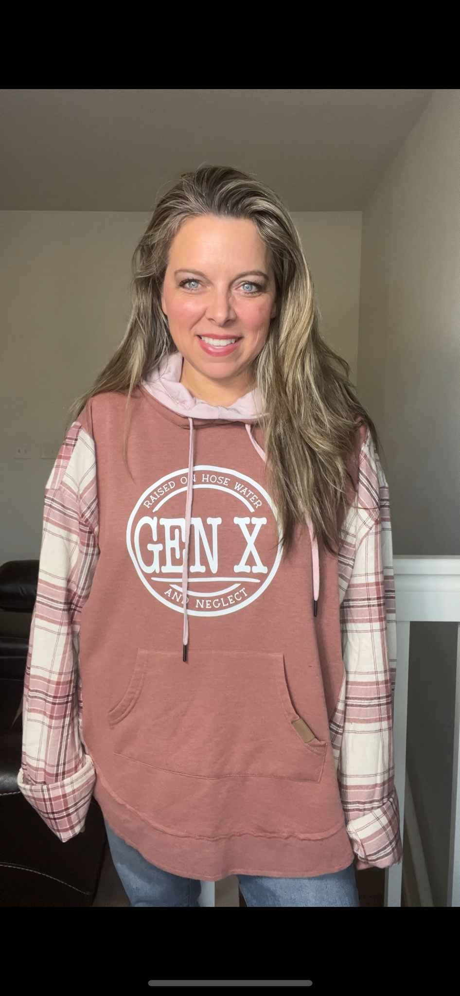 Upcycled Gen X – women’s 3X/4X midweight sweatshirt with flannel sleeves