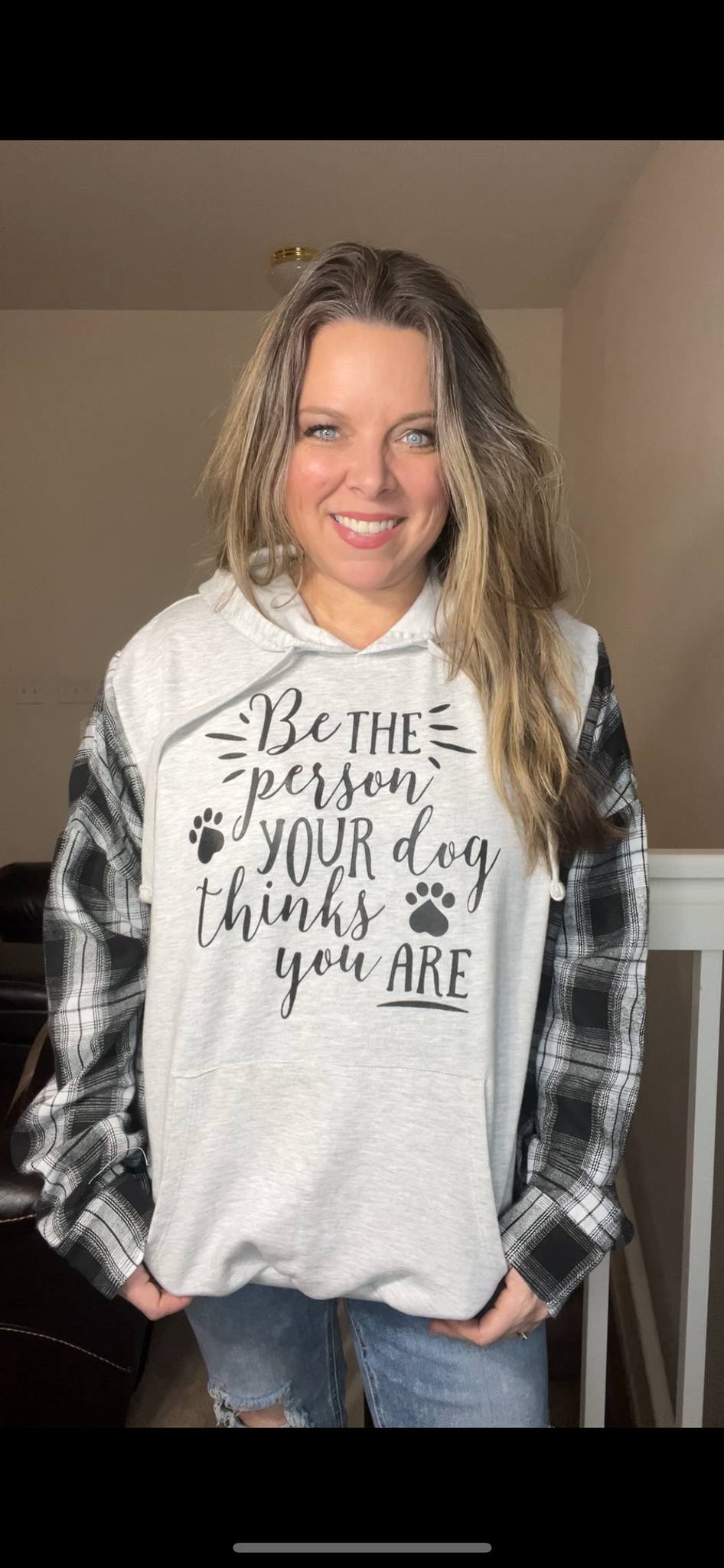 Upcycled Dog thinks – women’s 1X/2X midweight sweatshirt with flannel sleeves