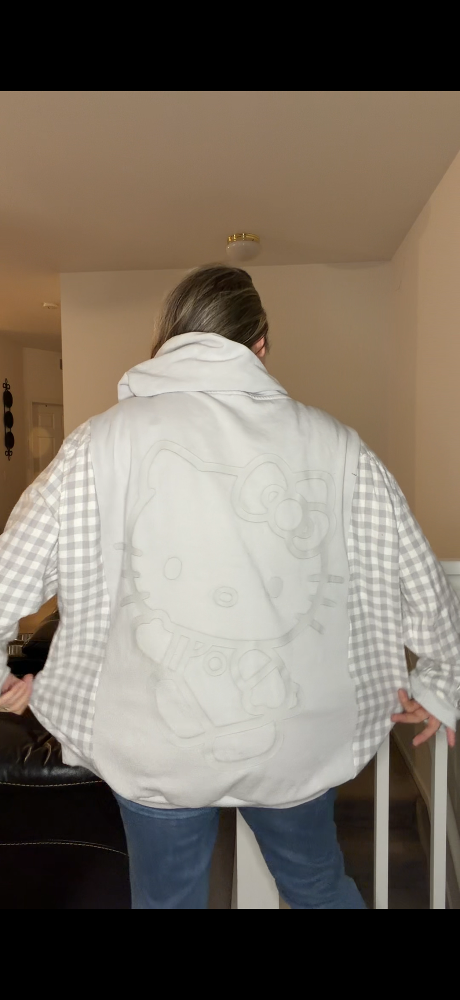 Upcycled Hello Kitty - women's 2X/3X midweight sweatshirt with flannel sleeves