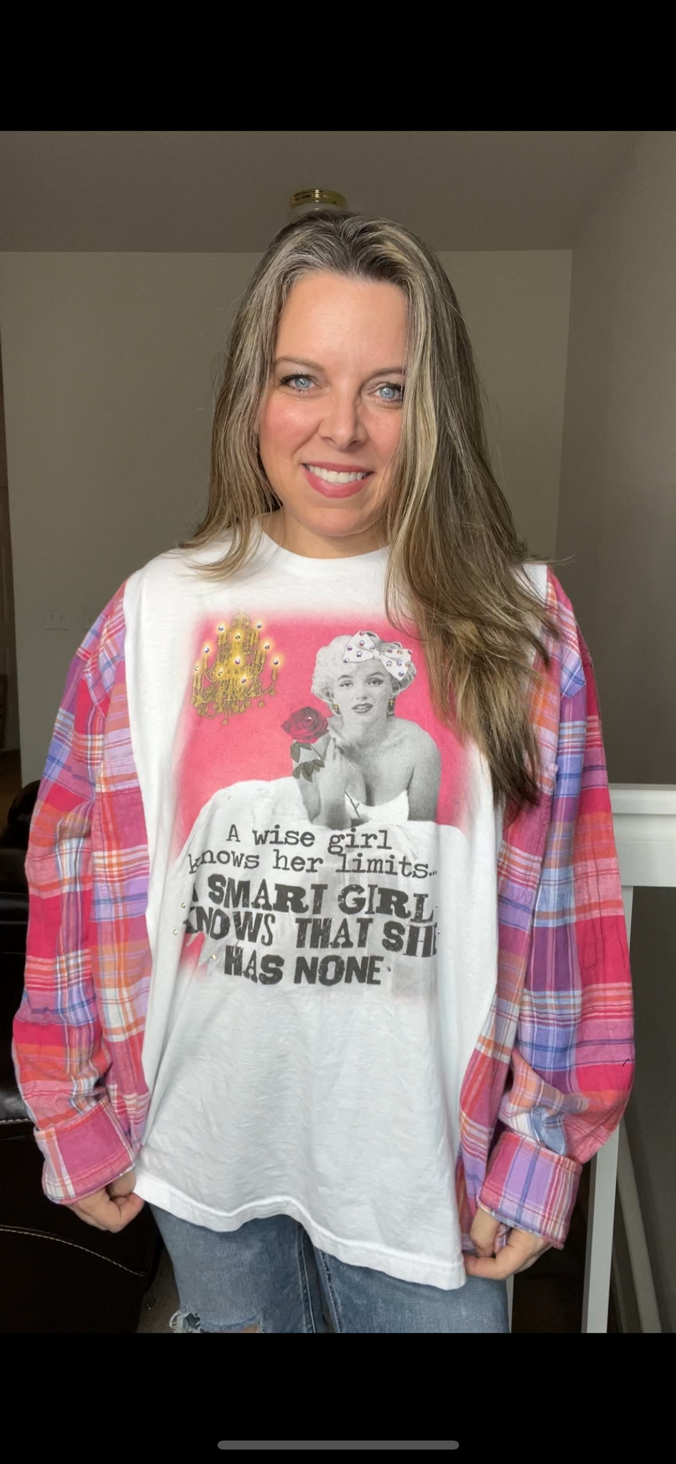 Upcycled Marilyn – women’s 2X T-shirt with flannel sleeves