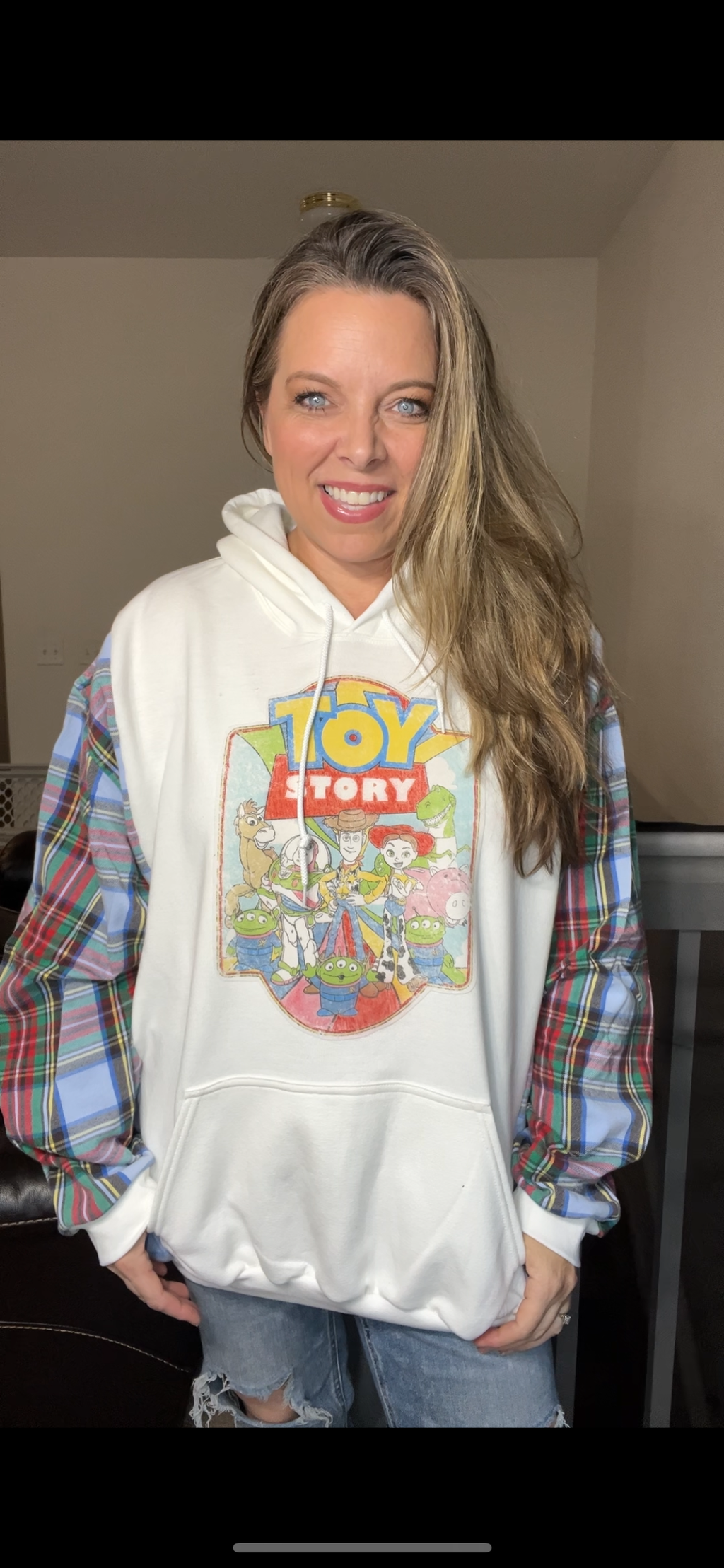 Upcycled Toy story – women’s 3X midweight sweatshirt with flannel sleeves