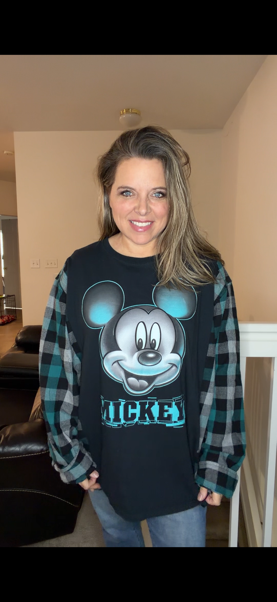 Upcycled Mickey - women's 2X/3X T-shirt with flannel sleeves