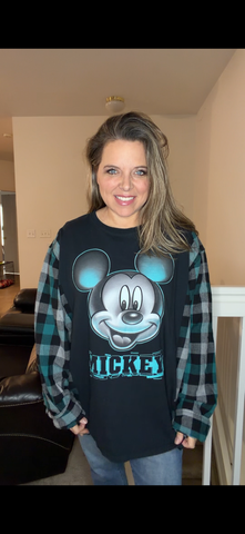 Upcycled Mickey - women's 2X/3X T-shirt with flannel sleeves