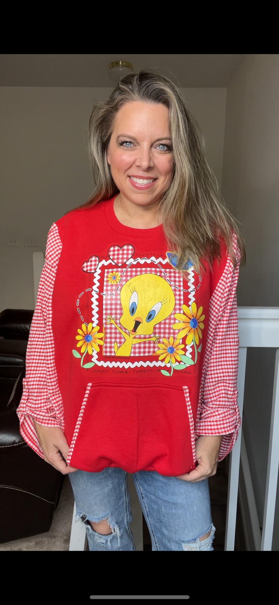 Upcycled Tweety - womans 2X/3X midweight sweatshirt with stretchy sleeves