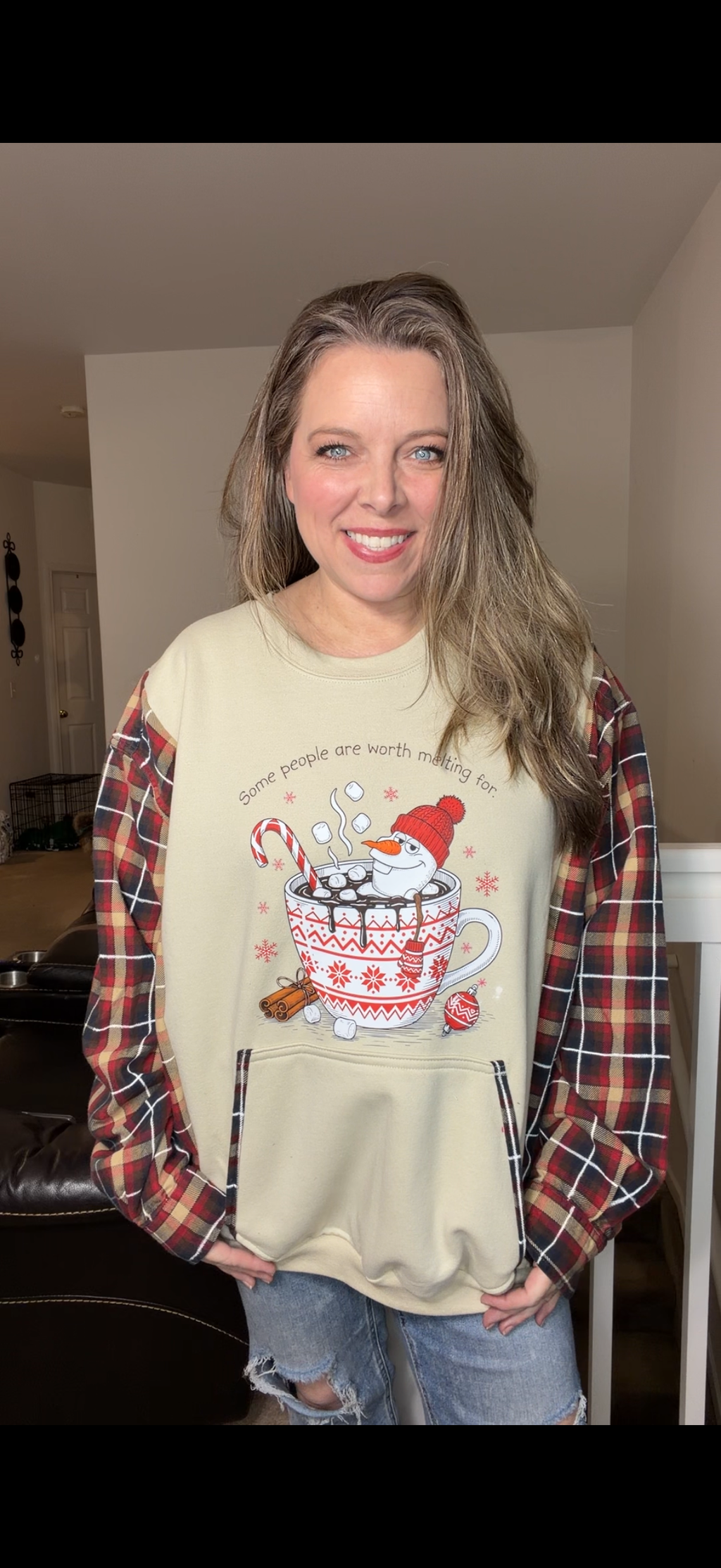 Upcycled Olaf – women's 2X midweight sweatshirt with flannel sleeves