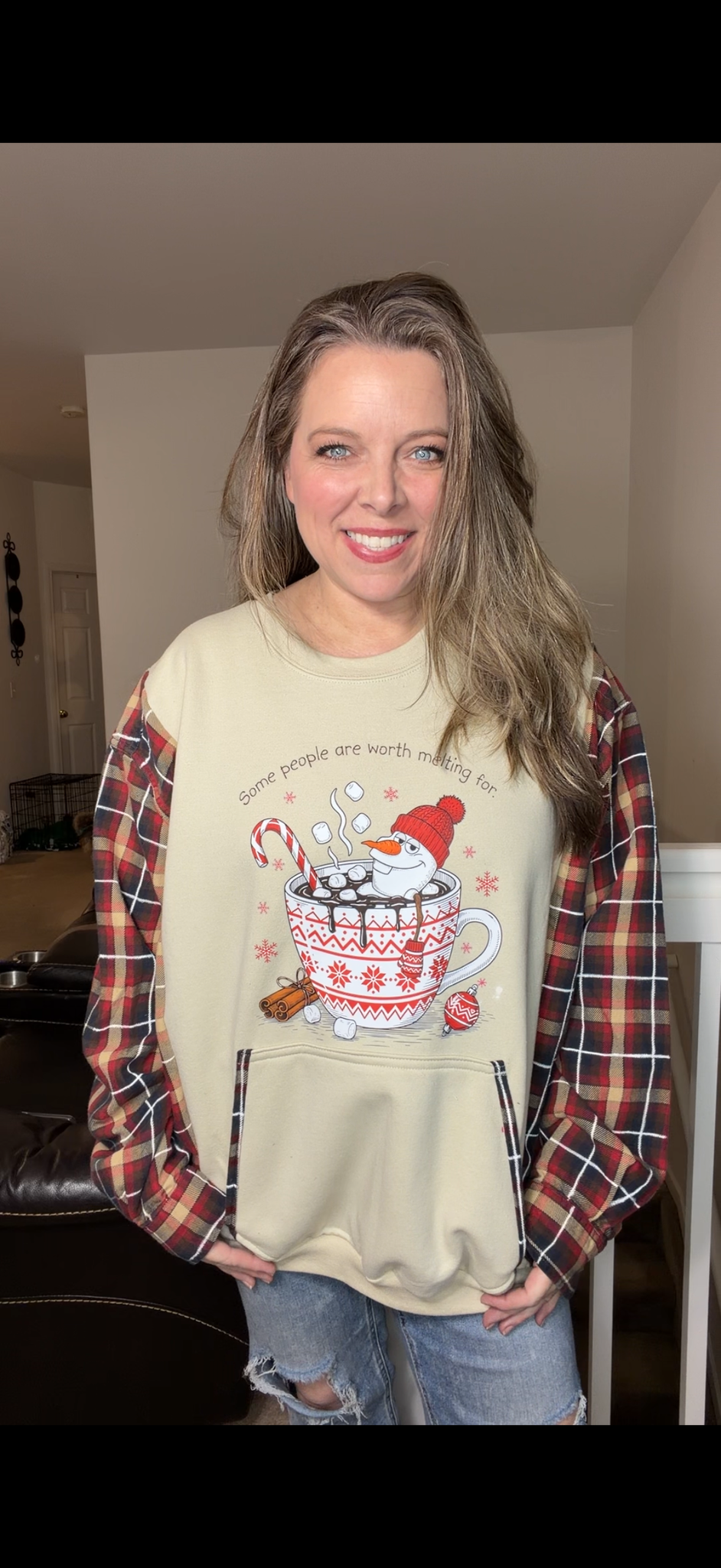 Upcycled Olaf – women's 2X midweight sweatshirt with flannel sleeves