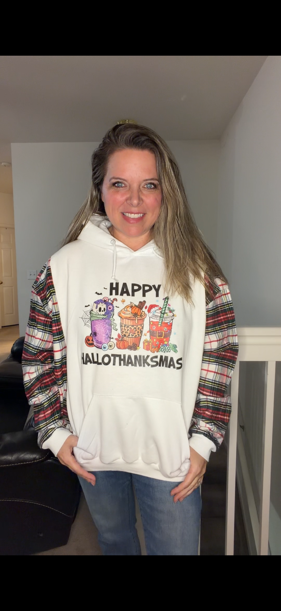 Upcycled Hallothanksmas - women's XL midweight sweatshirt with thick flannel sleeves