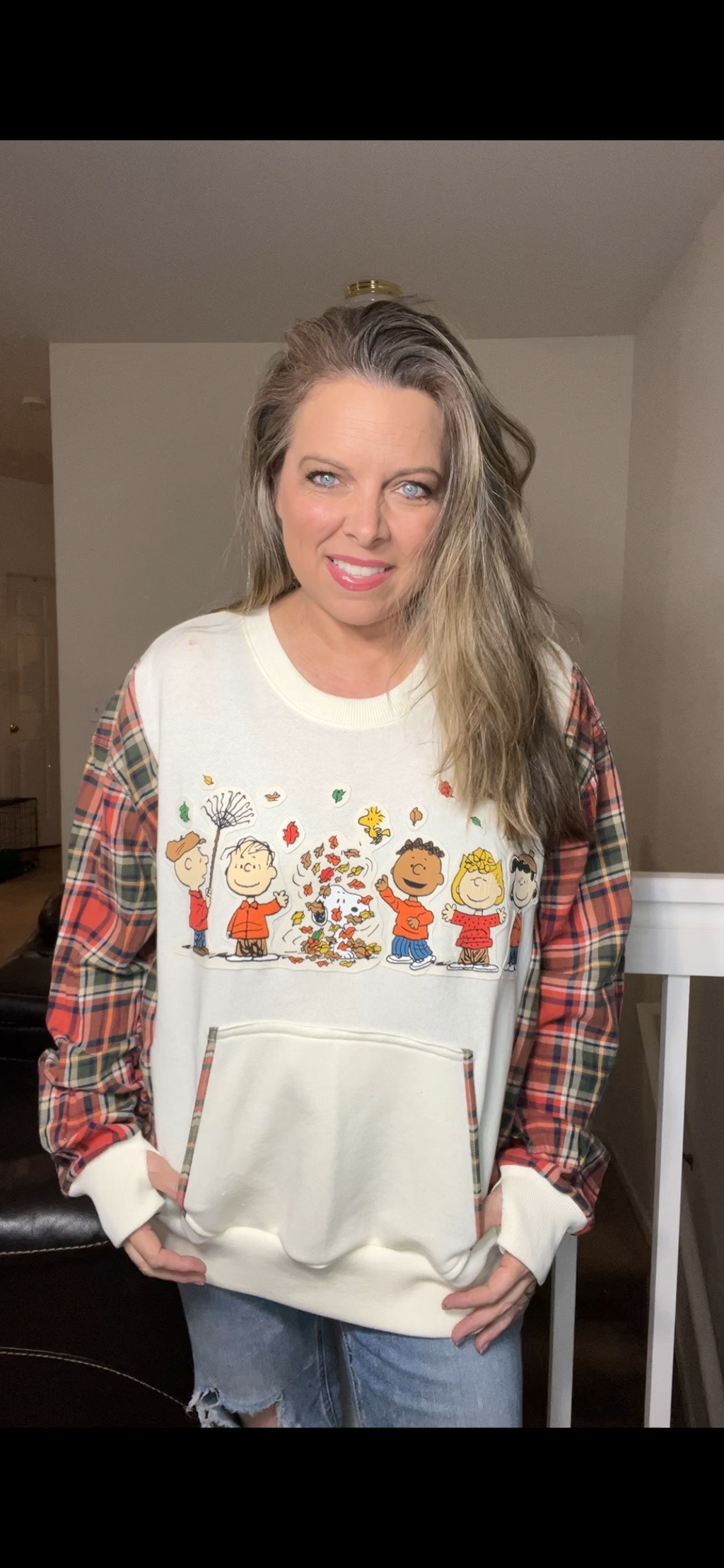 Upcycled Charlie Brown fall – women’s 2X French terry sweatshirt with thin flannel sleeves