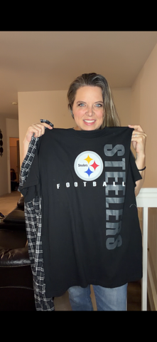 Upcycled Steelers - pick size between woman's XS-4X - tshirt with flannel sleeves