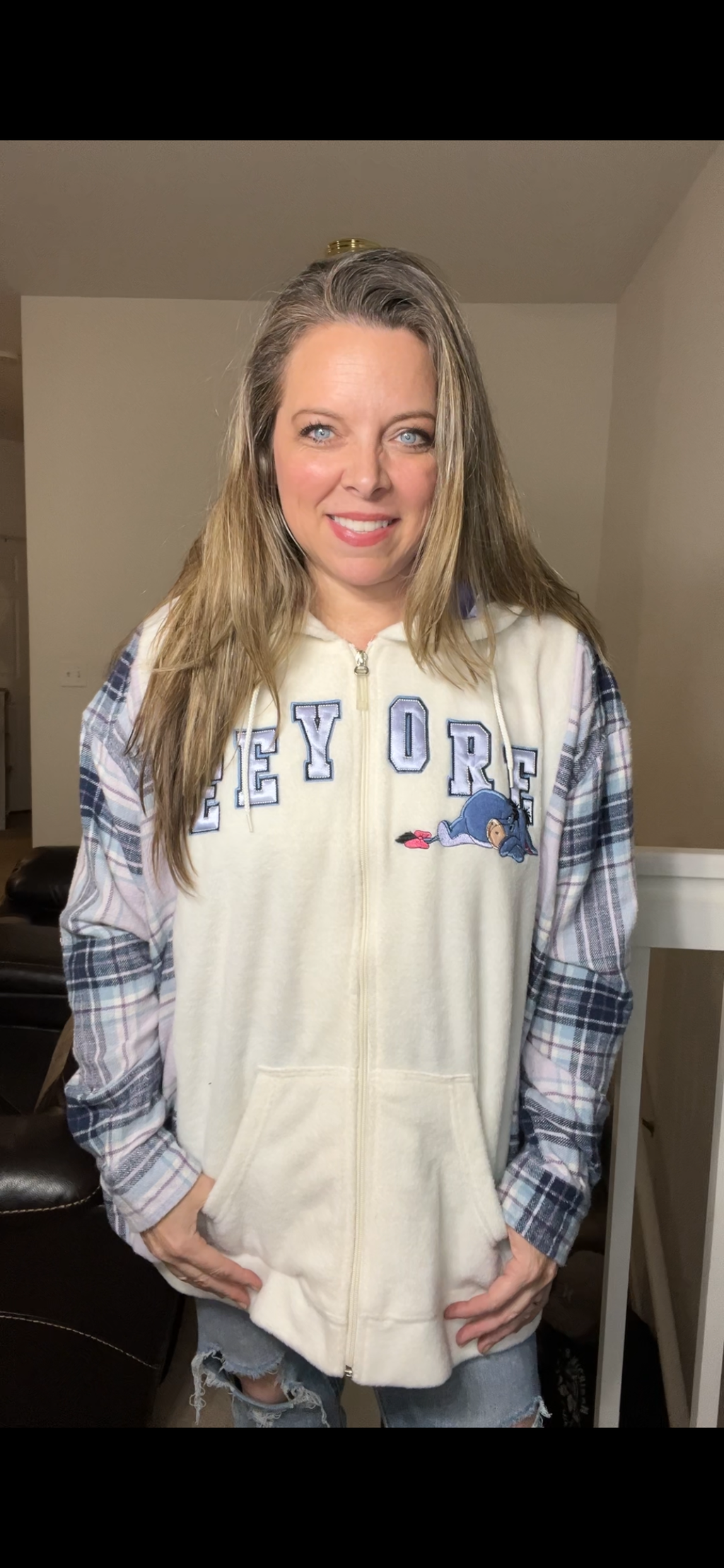 Upcycled Eeyore – women’s 2X long fleece sweatshirt with flannel sleeves- Sleeves slightly more narrow
