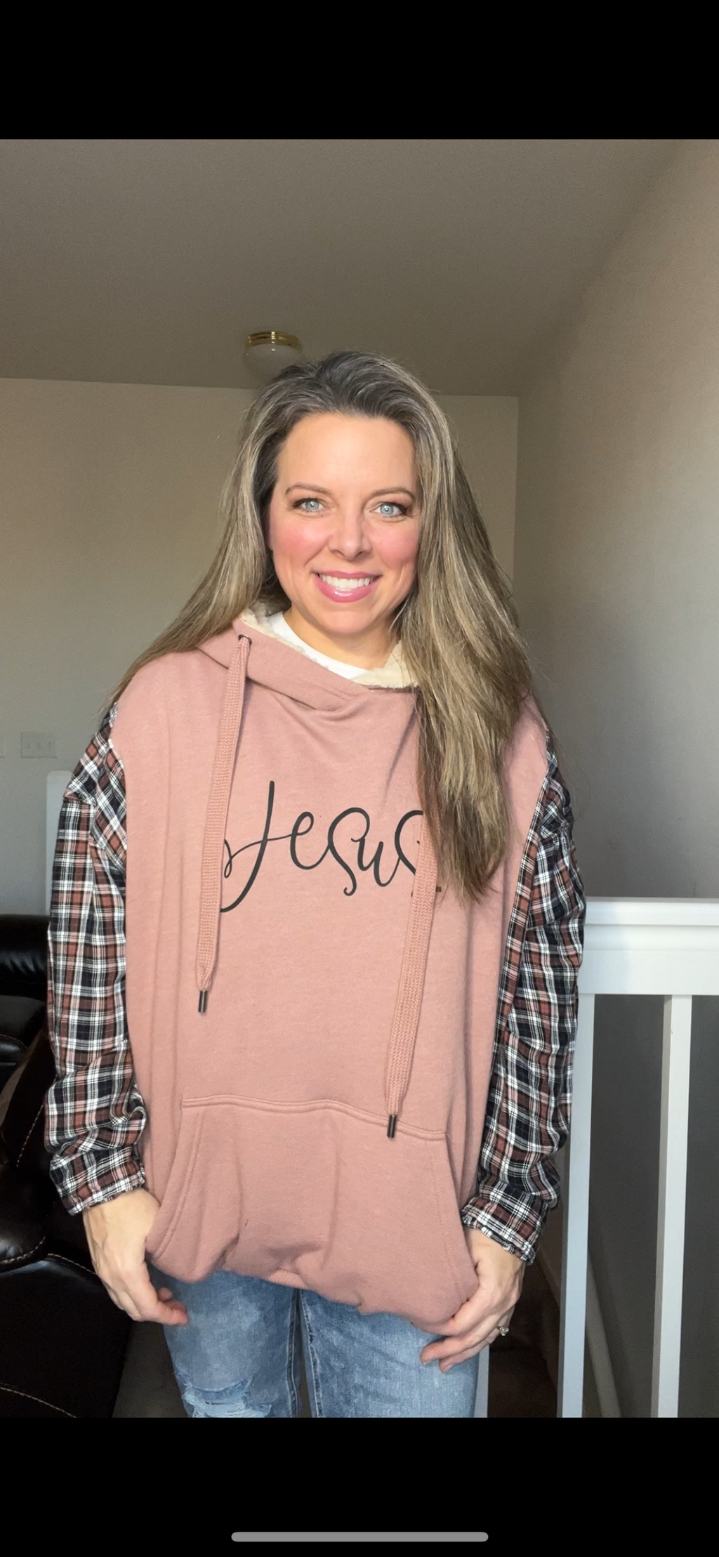 Ucycled Jesus – woman’s XL – midweight sweatshirt with thin flannel sleeves – fuzzy hood and pocket￼