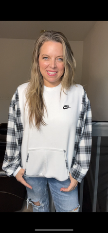 Upcycled Nike white – women’s large/XL midweight sweatshirt with stretchy sleeves