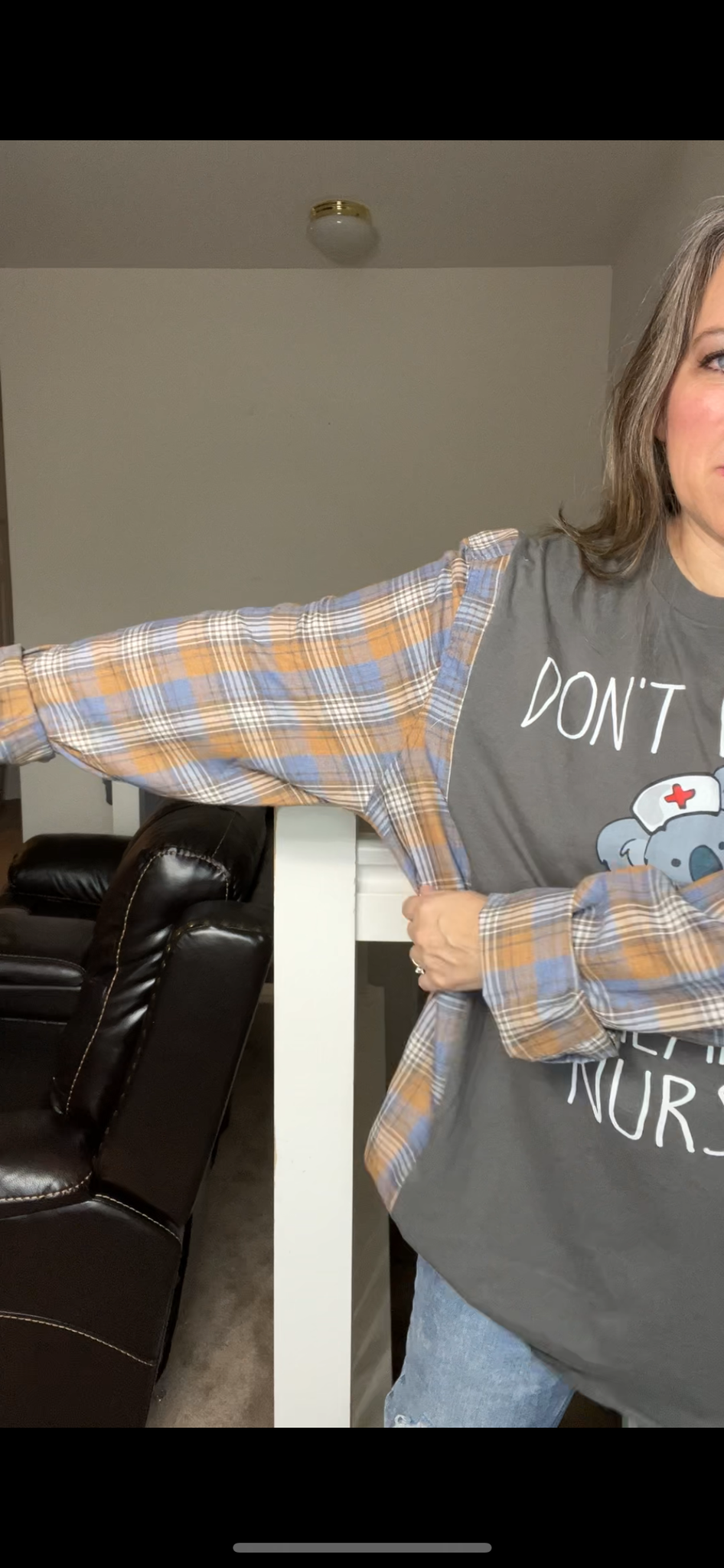 Upcycled Nurse – women’s 2X long T-shirt with flannel sleeves