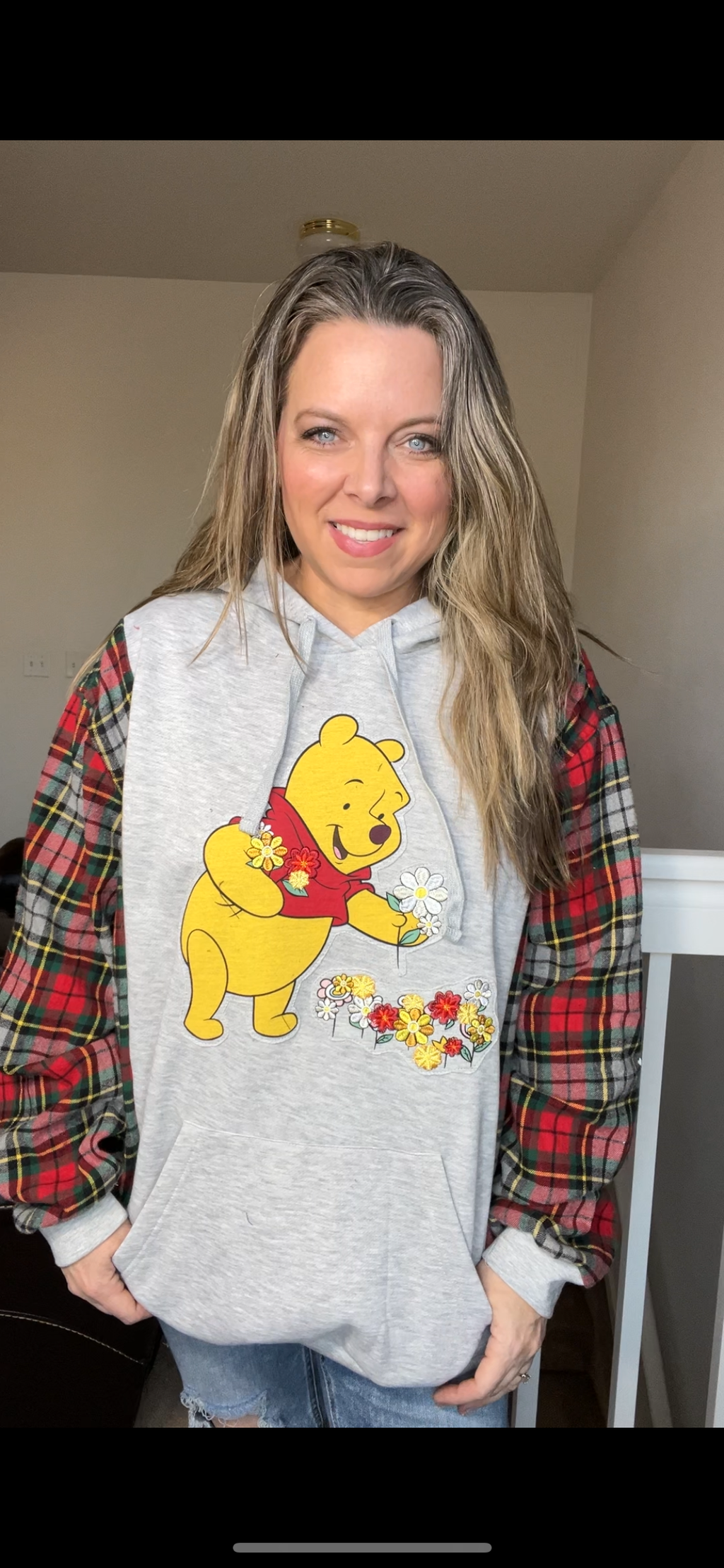 Upcycled Pooh – women’s 3X – midweight sweatshirt with flannel sleeves