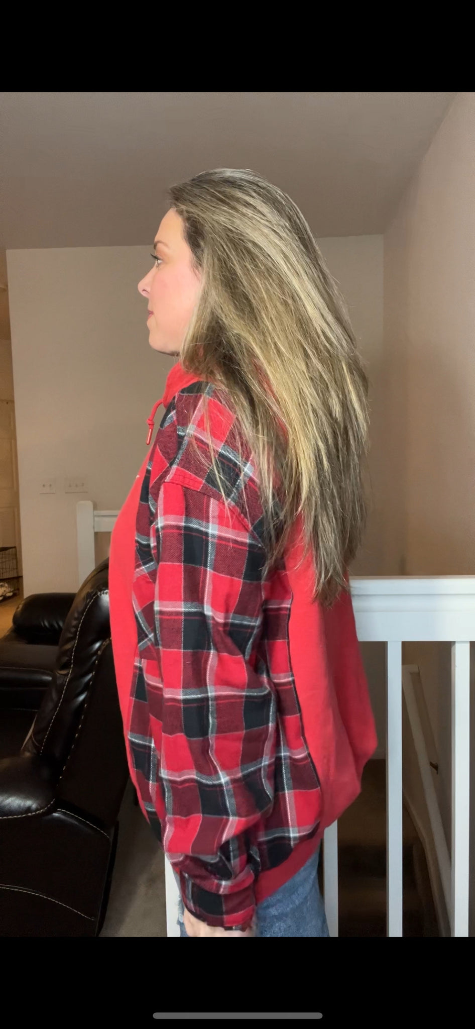 Upcycled Red Nike – women’s XL – thick sweatshirt with flannel sleeves ￼