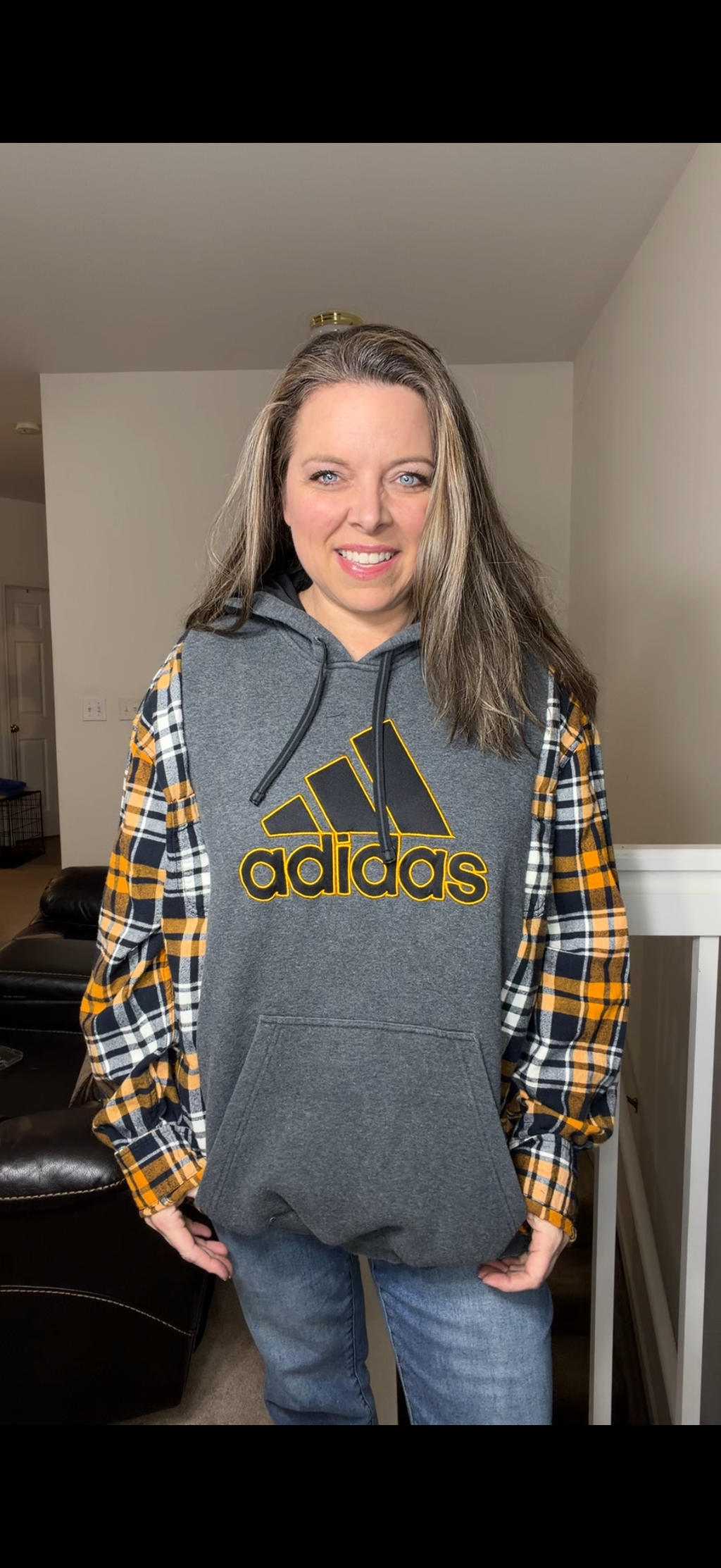 Upcycled Adidas Orange - women's XL midweight sweatshirt with flannel sleeves