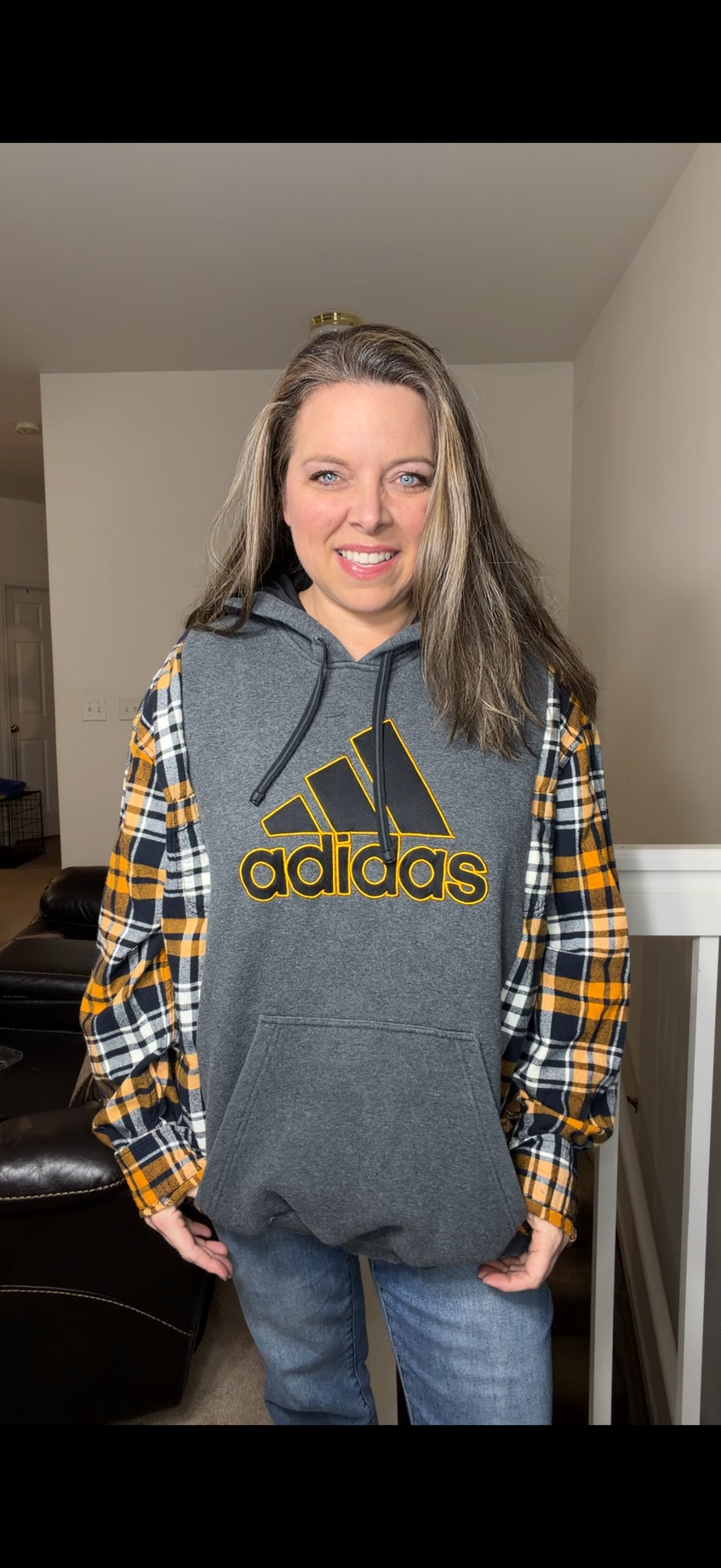 Upcycled Adidas Orange - women's XL midweight sweatshirt with flannel sleeves