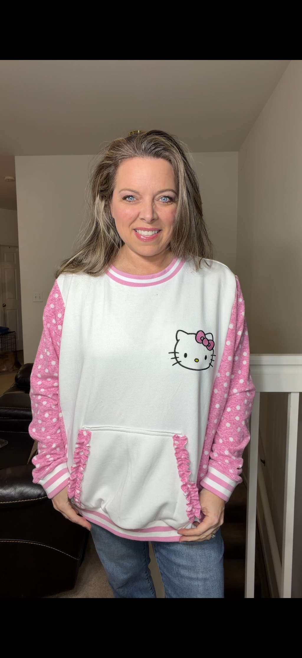 Upcycled Hello Kitty - women's 3X midweight sweatshirt with stretchy sleeves