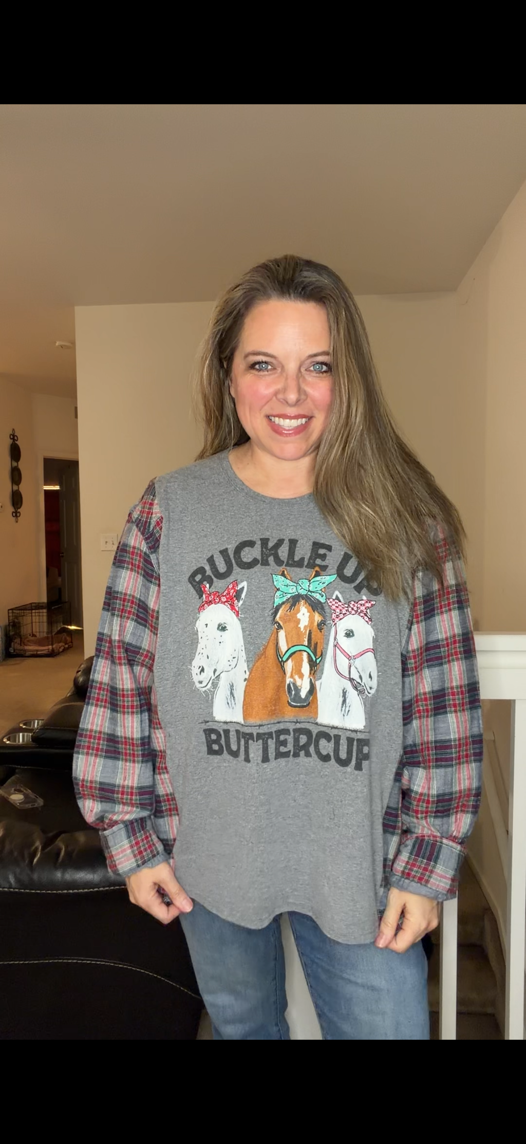 Upcycled Buttercup - woman's 1X t-shirt with flannel sleeves