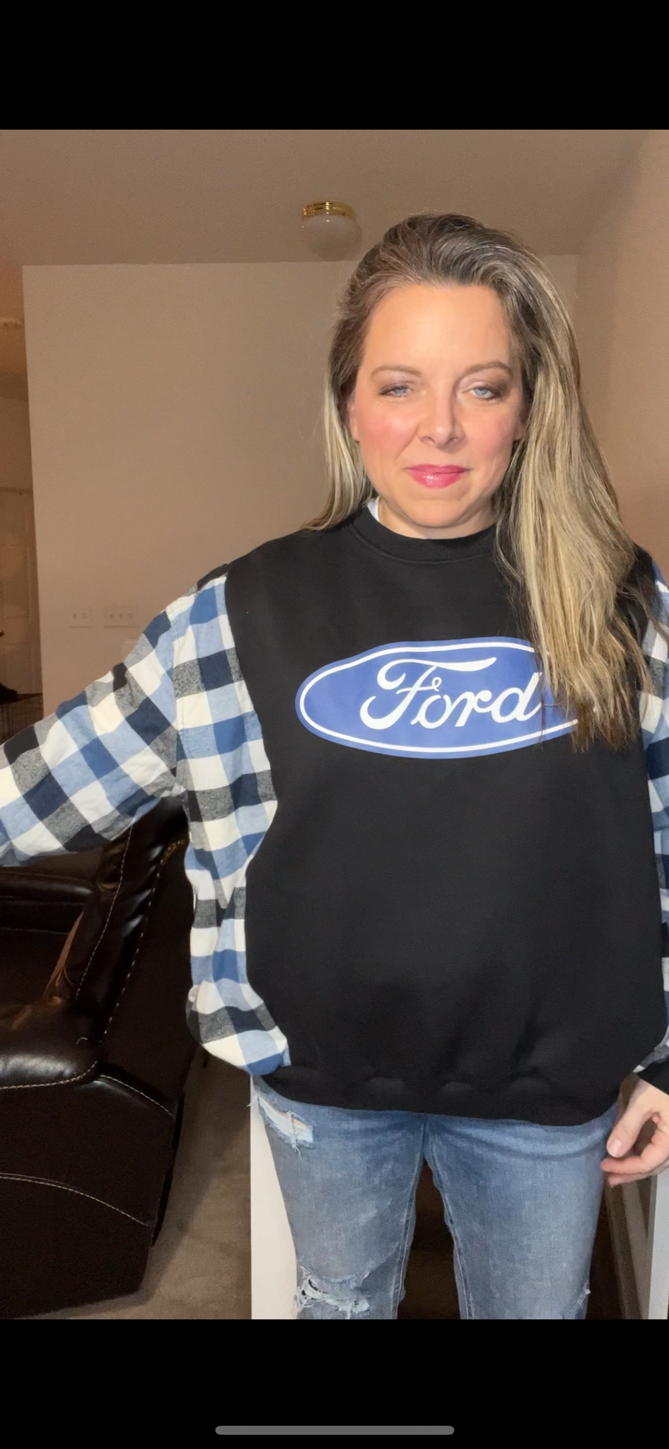 Upcycled Ford - women’s large – midweight sweatshirt with flannel sleeves ￼