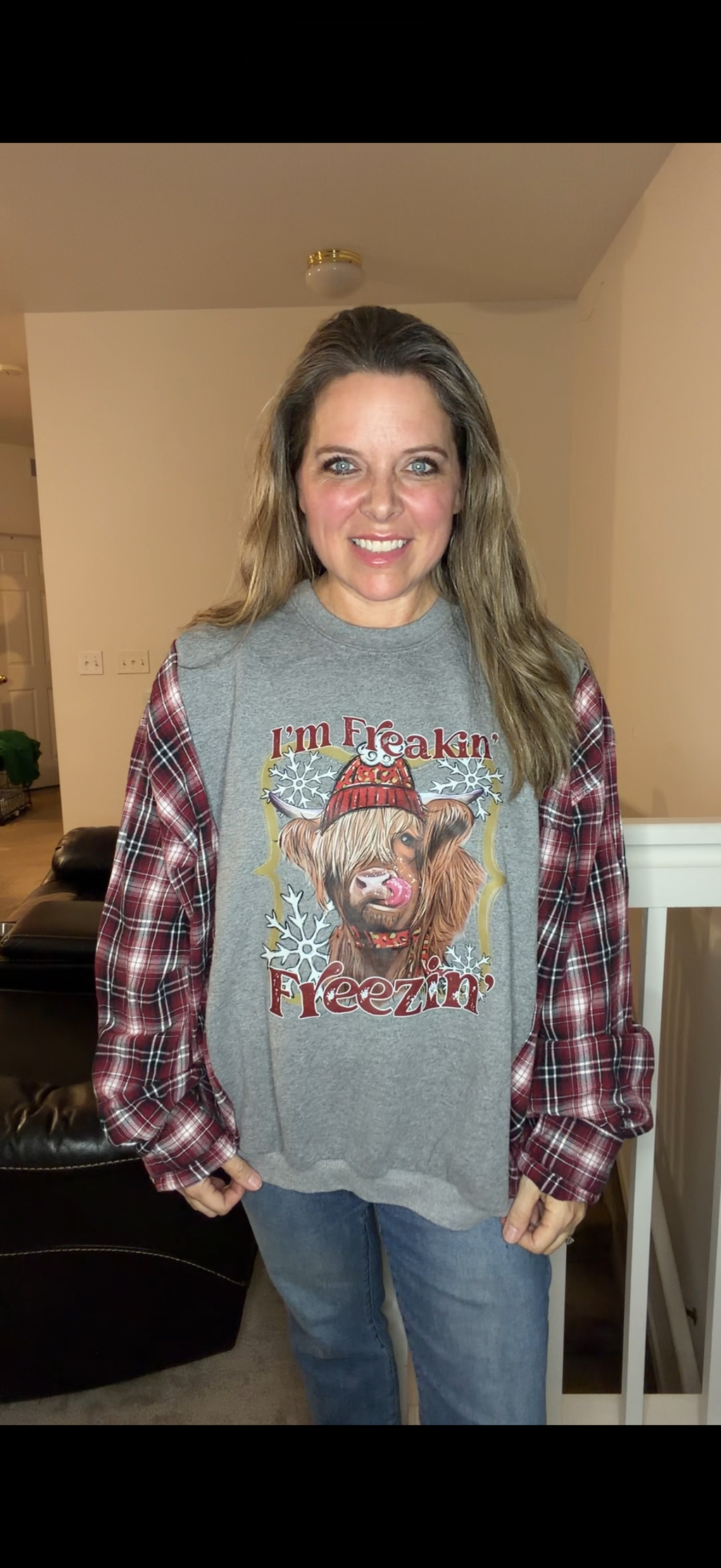 Upcycled Cow - women's 2X midweight sweatshirt with flannel sleeves
