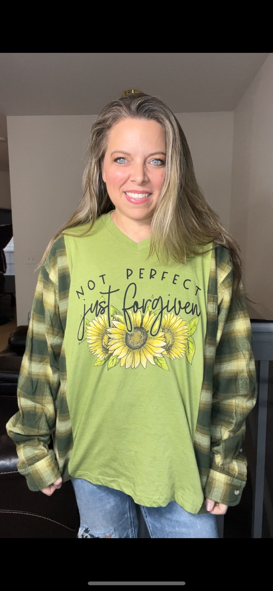 Upcycled Forgiven – women’s 2X T-shirt with flannel sleeves