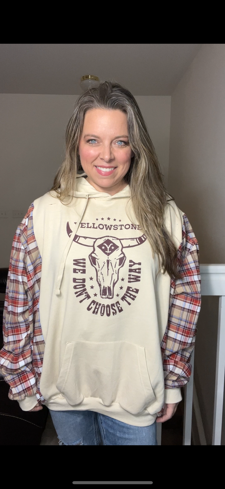 Upcycled Yellowstone – women’s 3X – midweight sweatshirt with flannel sleeves