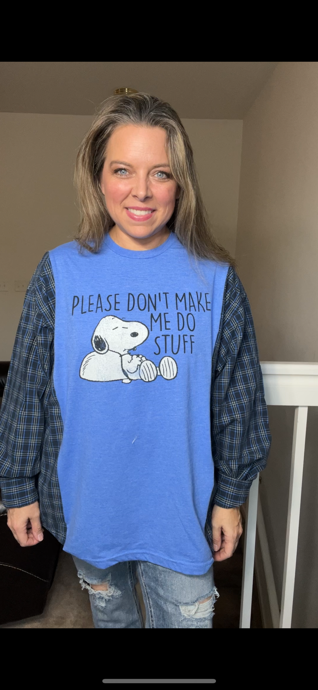 Upcycled Snoopy stuff – women’s 1X – T-shirt with flannel sleeves￼