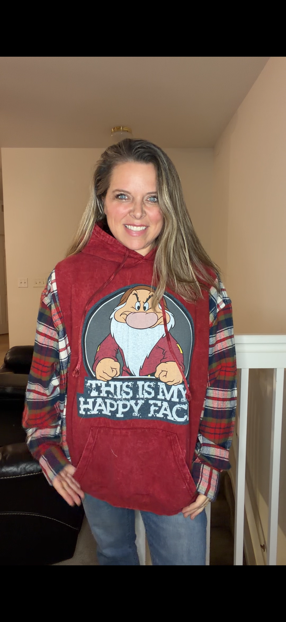 Upcycled Grumpy - women's 3X midweight sweatshirt with thick flannel sleeves