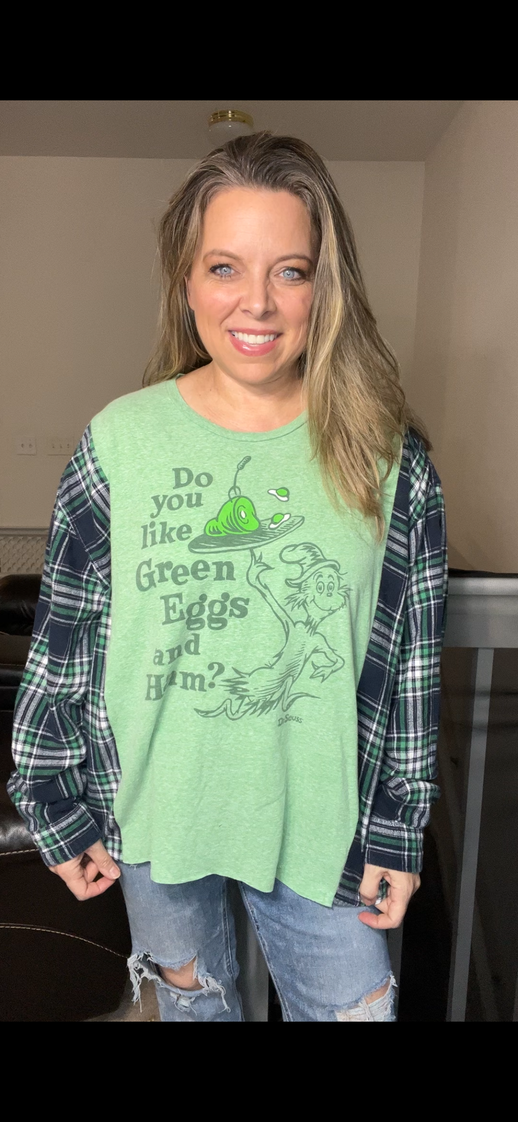 Upcycled Dr. Seuss – women’s 2X T-shirt with flannel sleeves