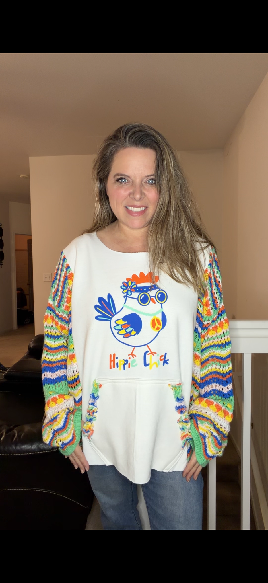 Upcycled Hippie Chick - women's 2X/3X midweight Sweatshirt with Crochet sweater sleeves