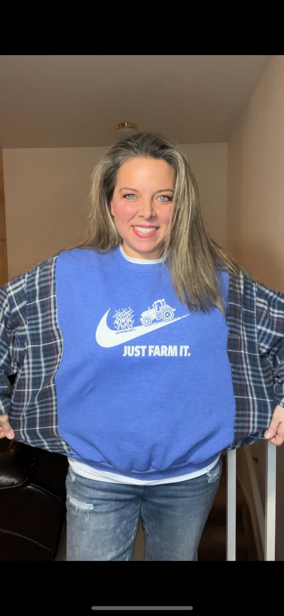 Upcycled Farm It - woman’s small – midweight sweatshirt with flannel sleeves ￼