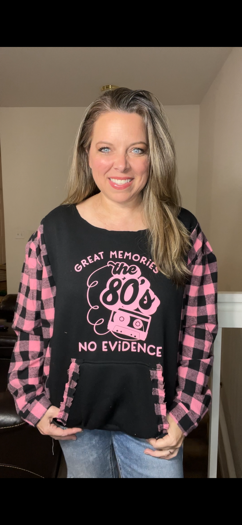 Upcycled 80s – women’s 1X midweight sweatshirt with flannel sleeves