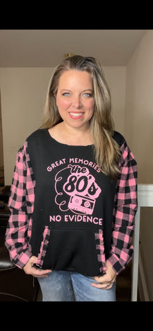 Upcycled 80s – women’s 1X midweight sweatshirt with flannel sleeves