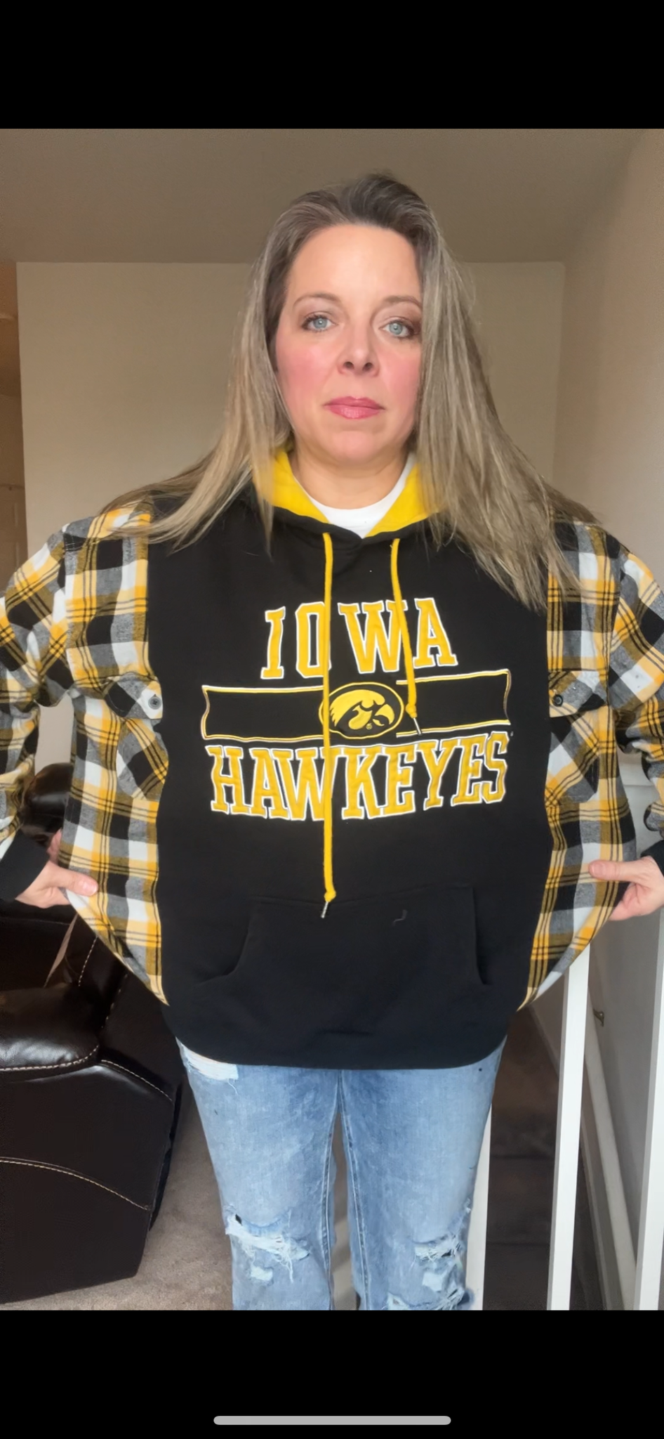 Upcycled Hawkeyes – women’s L/XL - soft, thick sweatshirt with flannel sleeves￼